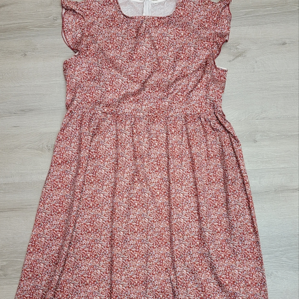 Burgundy/White XL flower Scoop neck Midi/Maxi dress w/ Capped sleeves NWOT [52]